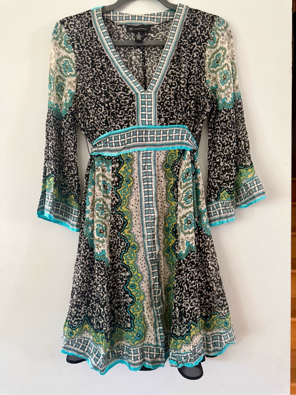 INC Silk Paisley Mini Dress Vtg Y2K Boho Bell Sleeve Plunge Neck Teal Sz 6